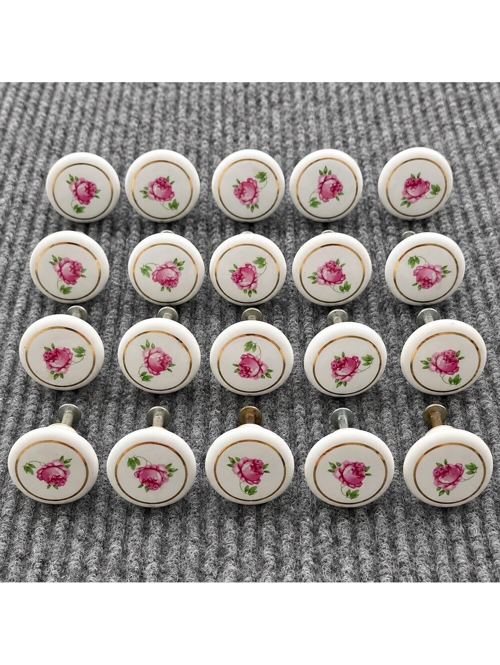 Vtg Lot 20 Porcelain Drawer Knobs Pink Rose Floral Gold Cabinet Pulls Hardware